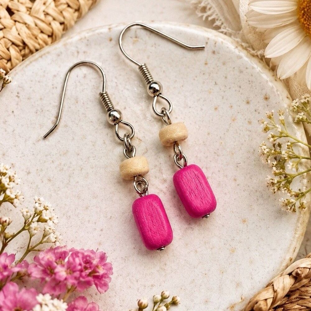 Vintage 1970s Boho Hot Pink Wooden Bead Dangle Earrings Handmade Lightweight
